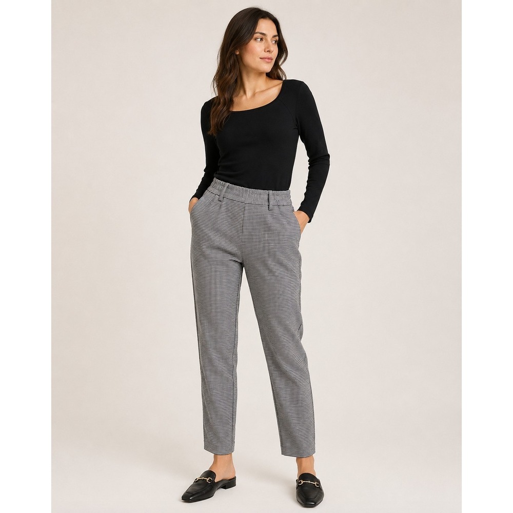 Women's Small Houndstooth Straight Leg Dress Pants Black White Stretch